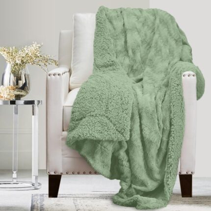 Throw Blanket, Soft Plush Reversible Faux Fur and Sherpa, Warm Thick Throws for Bed, Comfy Washable Bedding Accent Blankets for Sofa Couch Chair,65x50, Sage