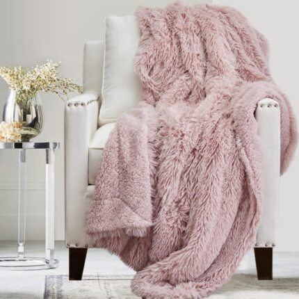 Throw Blanket, Soft Plush Reversible Shag and Sherpa, Warm Thick Throws for Bed, Comfy Washable Bedding Accent Blankets for Sofa Couch Chair, 65x50, Dusty Rose